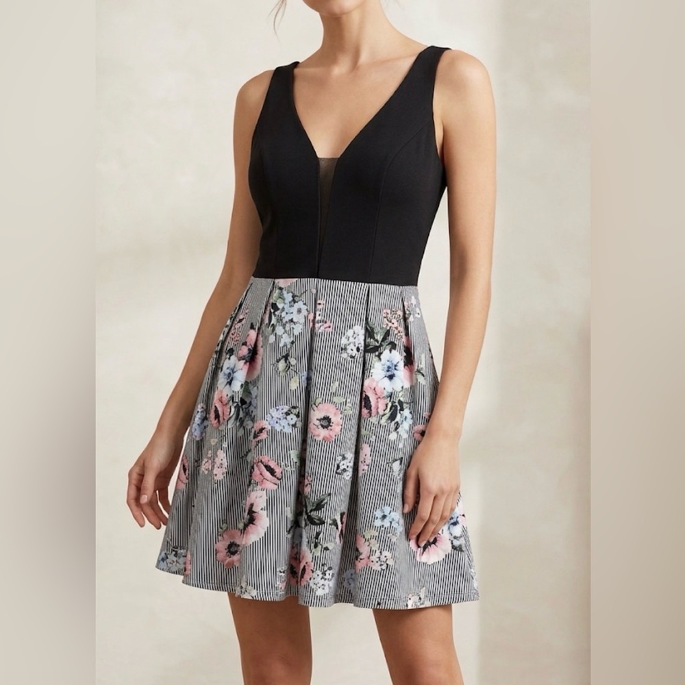 Crystal Doll Black Bodice Floral-Striped Fit-and-Flare Dress